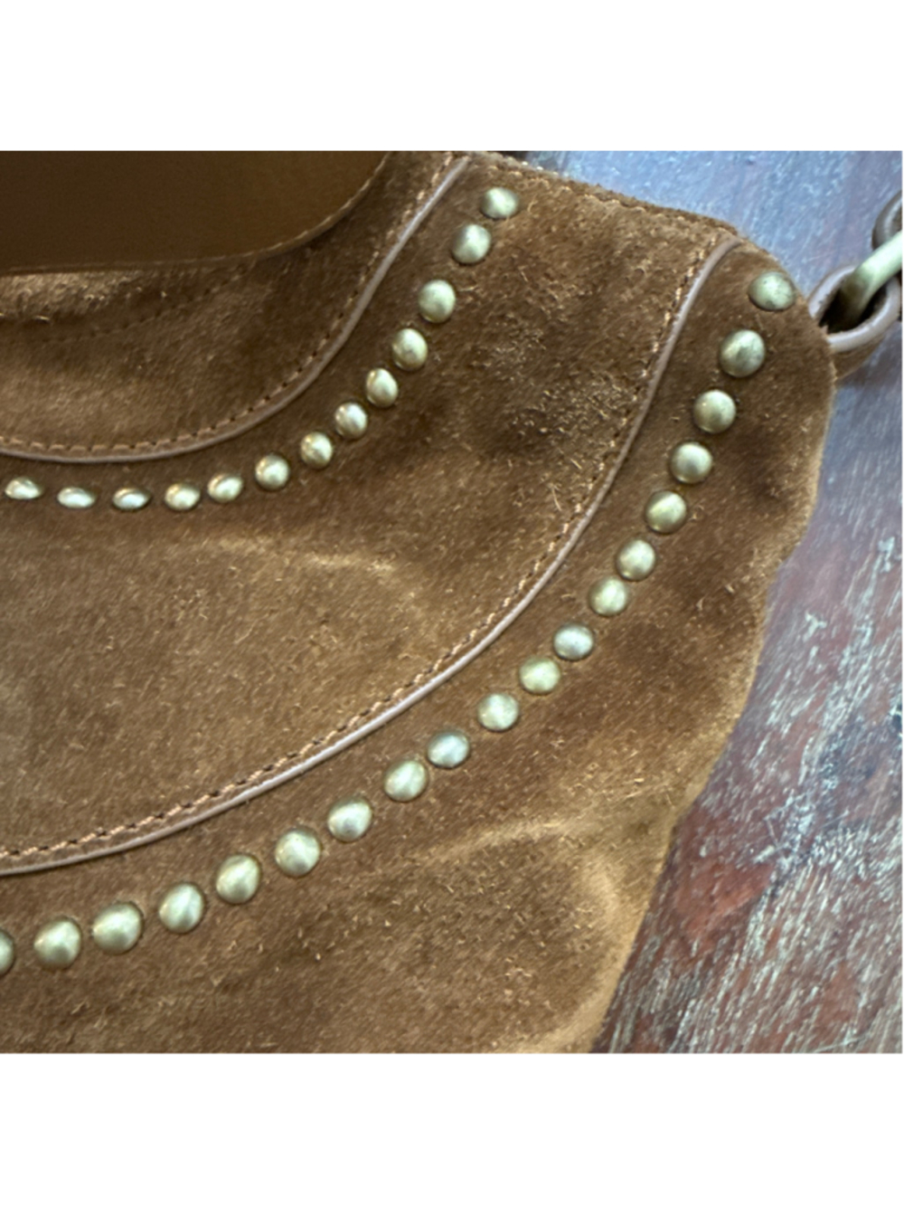 HOBO Chestnut Brown Suede Gold Studded Small Crossbody Tote Handbag NWT Handles - Picture 13 of 13